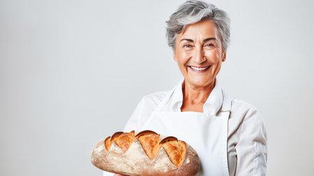 Portrait of a happy smiling beautiful woman baker with fragrant fresh bread in her hands. Fresh classic French pastries. Delicious food concept, private bakery, small business, self-employed, small business in the city, cozy place for communicationの素材