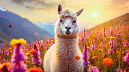 Cute, beautiful llama in a field with flowers in nature, in sunny pink rays. Environmental protection, the problem of ocean and nature pollution. Advertising travel agency, pet store, veterinary clinic, phone screensaver, beautiful pictures, puzzlesの素材