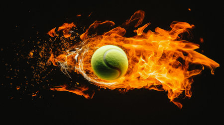 Sport. Tennis and baseball balls. Flying burning balls. Isolated in black background. Playing sports, healthy lifestyle, physical activity, training, active lifestyle, competition, Preparation for big sports.の素材