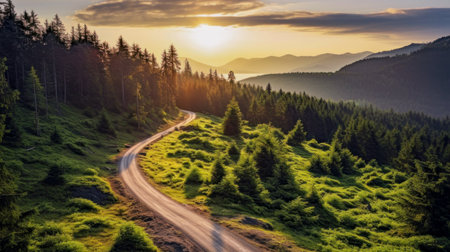 Automobile road among the forest, sea and rocks. Beautiful landscape, picture, phone screensaver, copy space, advertising, travel agency, tourism, solitude with nature, without peopleの素材