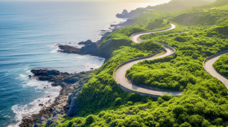Automobile road among the forest, sea and rocks. Beautiful landscape, picture, phone screensaver, copy space, advertising, travel agency, tourism, solitude with nature, without peopleの素材