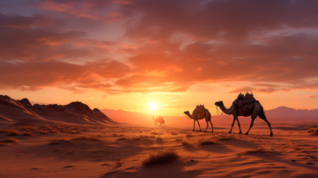 Tuareg with camels walk thru the desert on the western part of The Sahara Desert in Morocco. The Sahara Desert is the world's largest hot desert. Beautiful landscape, picture, phone screensaver, copy space, advertising, travel agency, tourismの素材