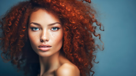 Beautiful, sexy, happy smiling dark-skinned African American woman with perfect skin and red hair, on a blue background, banner. Advertising cosmetic products, spa treatments, shampoos and hair care products, medicine, perfumes and cosmetologyの素材