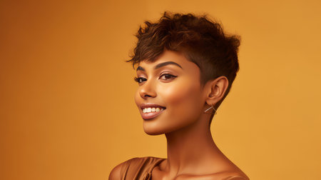Beautiful, sexy, happy smiling dark-skinned African American woman with perfect skin and short haircut, on a gold background, banner. Advertising cosmetic products, spa treatments, shampoos and hair care products, medicine, perfumes and cosmetologyの素材