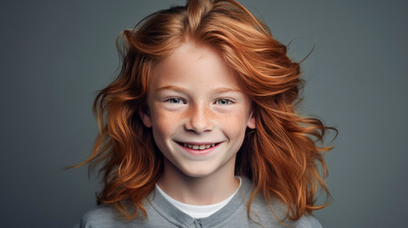 Portrait of a beautiful, happy smiling boy with red long hair and perfect skin, gray background, banner. Advertising of children's cosmetic products, shampoos and hair care products, medicine, perfumery and cosmetology, courses and trainingの素材