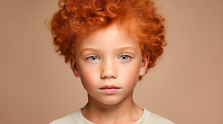Portrait of a beautiful, happy smiling boy with red hair and perfect skin, creamy beige background, banner. Advertising of children's cosmetic products, shampoos and hair care products, medicine, perfumery and cosmetology, courses and trainingの素材