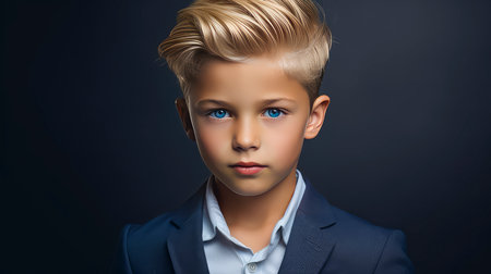 Portrait of a beautiful, happy smiling blond boy with perfect skin, dark blue background, banner. Advertising of children's cosmetic products, shampoos and hair care products, medicine, perfumery and cosmetology, courses and trainingの素材