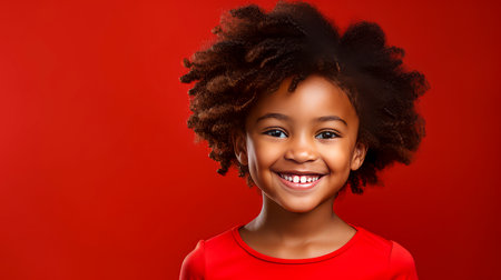 Portrait of a happy smiling Afro-American boy child with long hair and perfect skin, red background, banner. Advertising of children's cosmetics, shampoos and hair care products, medicines, perfumes, cosmetology, courses and trainingsの素材