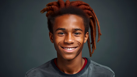 Cheerful smiling African American red-haired teenager guy with long red-haired hair and perfect skin, gray background. Advertising of teenage cosmetics, hair care products, medicines, perfumes, cosmetology, courses, college schools and trainingsの素材