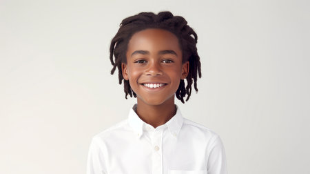 Portrait of a cheerful smiling African American teenager guy with long hair and perfect skin, white background, banner. Advertising of teenage cosmetics, hair care products, medicines, perfumes, cosmetology, courses, college schools and trainingsの素材