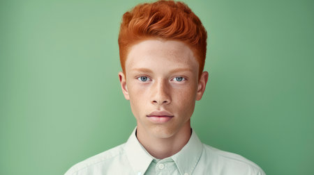 Portrait of a serious troubled African-American teenager red-haired with perfect skin, light green background, banner. Advertising of teenage cosmetics, hair care products, medicines, perfumes, cosmetology, courses, college schools and trainingsの素材