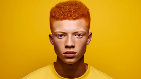 Portrait of a serious troubled African American red-haired teenager guy with perfect skin, yellow background, banner. Advertising of teenage cosmetics, hair care products, medicines, perfumes, cosmetology, courses, college schools and trainingsの素材