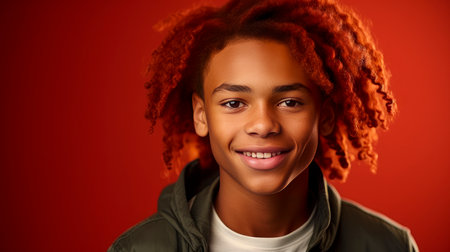 Cheerful smiling African American red-haired teenager guy with long red-haired hair and perfect skin, red background. Advertising of teenage cosmetics, hair care products, medicines, perfumes, cosmetology, courses, college schools and trainingsの素材
