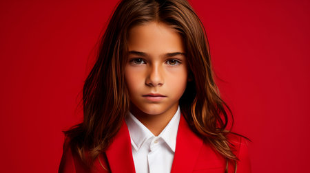 Portrait of a cute happy Hispanic latino boy child with long hair and perfect skin, red background, banner. Advertising of teenage cosmetics, hair care products, medicines, perfumes, cosmetology, courses, college schools and trainingsの素材