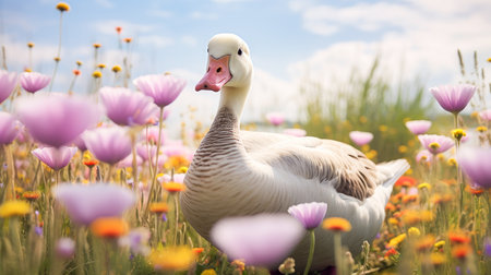 Cute, beautiful goose in a field with flowers in nature, in sunny pink rays. Environmental protection, nature pollution problem, wild animals. Advertising for travel agency, pet store, veterinary clinic, phone screensaver, beautiful pictures, puzzlesの素材