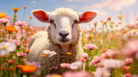 Cute, beautiful sheep in a field with flowers in nature, in sunny pink rays. Environmental protection, the problem of ocean and nature pollution. Advertising travel agency, pet store, veterinary clinic, phone screensaver, beautiful pictures, puzzlesの素材