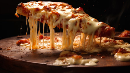 A piece of delicious aromatic pizza gooey cheese, salami, pepperoni, and basil, next to the ingredients dark table surface. Making pizza in a private pizzeria, small business, private business chain restaurant, flavorful food, advertising, copy spaceの素材