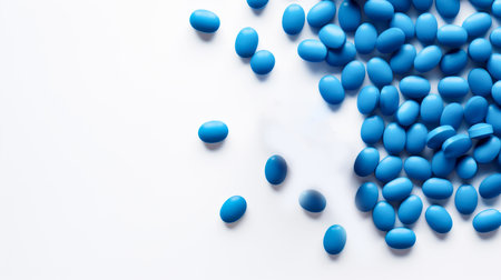 Blue pills, capsules and vitamins on a white background. Medicine, treatment in a medical institution, healthy lifestyle, medical life insurance, pharmacies, pharmacy, treatment in a clinic.の素材