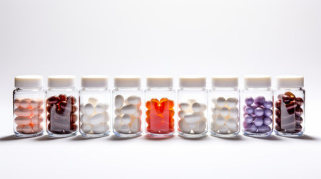 Multi-colored pills in jars on a white background. Medicine, treatment in a medical institution, healthy lifestyle, medical life insurance, pharmacies, pharmacy, treatment in a clinic.の素材