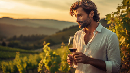 Authentic shot happy successful male winemaker is tasting a flavor checking red wine quality poured in transparent glass vineyards background sunset. Wine making, vineyards, tourism business, small private business, chain restaurant, flavorful drinksの素材