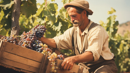 Man picking grapes: Manually picking blue grapes on vineyards to make wine. Wine making, vineyards, tourism business, small and private business, chain restaurant, flavorful food and drinksの素材