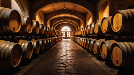 Wine cellar with wine barrels, modern and clean with oak barrels for aging and transport. Wine making, vineyards, tourism business, small and private business, chain restaurant, flavorful food and drinksの素材