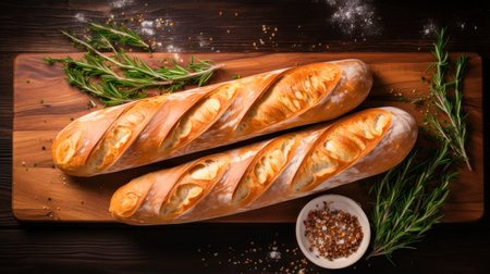 Fresh fragrant, still life with French baguettes from fresh bread poolish on a wooden cutting board and wheat.n. Fresh classic pastries. Delicious food private bakery, small business, self-employed, small business city, cozy place for communicationの素材