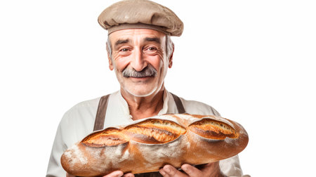 Portrait of a happy smiling baker with fragrant fresh bread in his hands. Fresh classic French pastries. Delicious food concept, private bakery, small business, self-employed, small business in the city, cozy place for communicationの素材