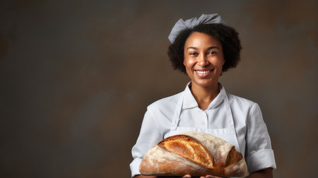 Portrait happy smiling african american black baker woman with fragrant fresh bread in her hands. Fresh classic French pastries. Delicious food private bakery, small business, self-employed, small business in the city, cozy place for communicationの素材
