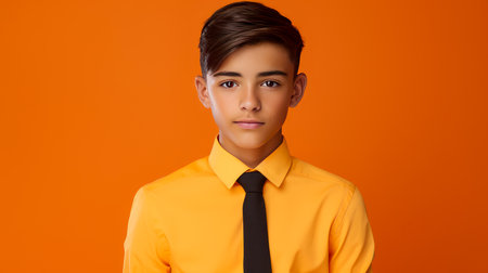 Happy cheerful young latino generation z. Smiling funny ethnic cool generation z teenage student, orange background. Advertising of teenage cosmetics, hair care products, medicines, perfumes, cosmetology, courses, college schools and trainingsの素材