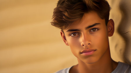 Happy cheerful young latino generation z. Smiling funny ethnic cool generation z teenage student, creamy beige background. Advertising of teenage cosmetics, hair care products, medicines, perfumes, cosmetology, courses, college schools and trainingsの素材