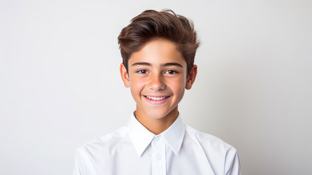 Happy cheerful young latino generation z. Smiling funny ethnic cool generation z teenage student, white background. Advertising of teenage cosmetics, hair care products, medicines, perfumes, cosmetology, courses, college schools and trainingsの素材