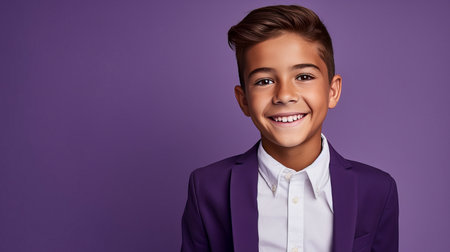 Happy cheerful young latino generation z. Smiling funny ethnic cool generation z teenage student, purple background. Advertising of teenage cosmetics, hair care products, medicines, perfumes, cosmetology, courses, college schools and trainingsの素材