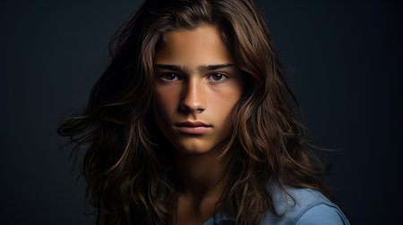 Happy cheerful young latino generation z. Smiling ethnic cool generation z teenage student, long hair, blue background. Advertising of teenage cosmetics, hair care products, medicines, perfumes, cosmetology, courses, college schools and trainingsの素材