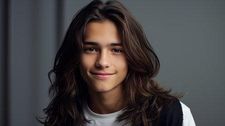 Happy cheerful young latino generation z. Smiling ethnic cool generation z teenage student, long hair, silver background. Advertising of teenage cosmetics, hair care products, medicines, perfumes, cosmetology, courses, college schools and trainingsの素材