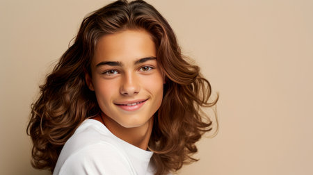 Happy cheerful young latino generation z. Smiling ethnic cool generation z teenage student, long hair, beige background. Advertising of teenage cosmetics, hair care products, medicines, perfumes, cosmetology, courses, college schools and trainingsの素材