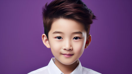 Portrait of a cute happy Asian boy child with perfect skin, purple background, banner. Advertising of teenage cosmetics, hair care products, medicines, perfumes, cosmetology, courses, college schools and trainingsの素材