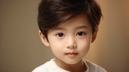 Portrait of a cute handsome happy Asian boy child with perfect skin, creamy beige background, banner. Advertising of teenage cosmetics, hair care products, medicines, perfumes, cosmetology, courses, college schools and trainingsの素材