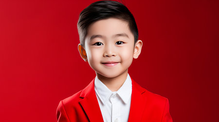 Portrait of a cute handsome happy Asian boy child with perfect skin, red background, banner. Advertising of teenage cosmetics, hair care products, medicines, perfumes, cosmetology, courses, college schools and trainingsの素材
