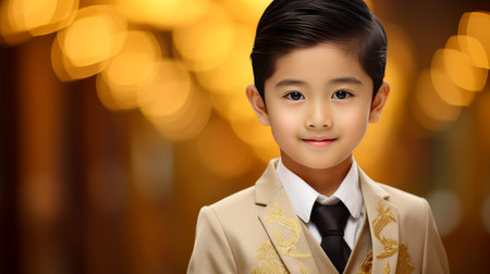 Portrait of a cute handsome happy Asian boy child with perfect skin, gold background, banner. Advertising of teenage cosmetics, hair care products, medicines, perfumes, cosmetology, courses, college schools and trainingsの素材