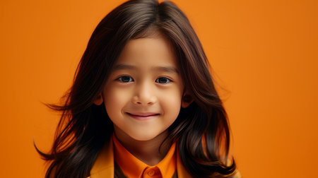 Portrait of a cute handsome happy Asian boy child with long hair and perfect skin, orange background, banner. Advertising of teenage cosmetics, hair care products, medicines, perfumes, cosmetology, courses, college schools and trainingsの素材