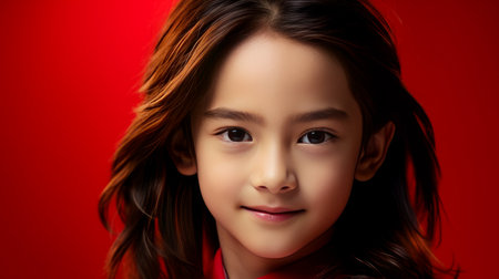 Portrait of a cute handsome happy Asian boy child with long hair and perfect skin, red background, banner. Advertising of teenage cosmetics, hair care products, medicines, perfumes, cosmetology, courses, college schools and trainingsの素材