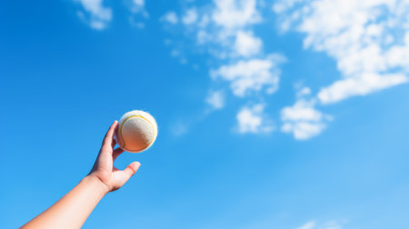 Serving ball. Close-up of male hand in wristband throwing tennis ball against blue sky. Playing sports, healthy lifestyle, physical activity, training, active lifestyle, competition, Preparation for big sports.の素材