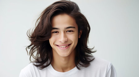 Portrait of a cute handsome happy Asian teenager guy with long hair and perfect skin, white background, banner. Advertising of teenage cosmetics, hair care products, medicines, perfumes, cosmetology, courses, college schools and trainingsの素材