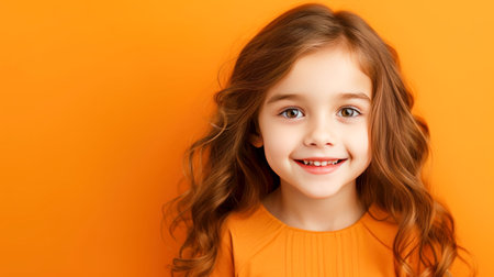 Portrait of a chic cute beautiful smiling baby girl with perfect skin, orange background, banner. Advertising of teenage cosmetics, hair care products, medicines, perfumes, cosmetology, courses, college schools and trainingsの素材