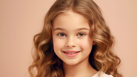 Portrait of a chic cute beautiful smiling baby girl with perfect skin, creams beige background, banner. Advertising of teenage cosmetics, hair care products, medicines, perfumes, cosmetology, courses, college schools and trainingsの素材