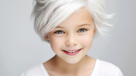 Portrait of a chic cute beautiful blonde child girl with short haircut and perfect skin, white background, banner. Advertising of teenage cosmetics, hair care products, medicines, perfumes, cosmetology, courses, college schools and trainingsの素材