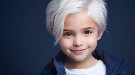 Portrait of a chic cute beautiful blonde child girl with short haircut and perfect skin, dark blue background, banner. Advertising of teenage cosmetics, hair care products, medicines, perfumes, cosmetology, courses, college schools and trainingsの素材