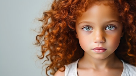 Portrait of smiling cute African American child girl with red hair and perfect skin, white background, banner. Advertising of teenage cosmetics, hair care products, medicines, perfumes, cosmetology, courses, college schools and trainingsの素材