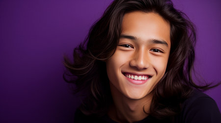 Portrait of a cute handsome happy Asian teenager guy with long hair and perfect skin, purple background, banner. Advertising of teenage cosmetics, hair care products, medicines, perfumes, cosmetology, courses, college schools and trainingsの素材